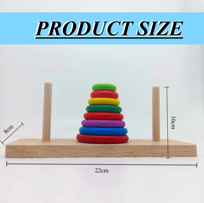 Wooden Tower Hanoi for Kid's 8 Rings Building Blocks - Classic Brain Teaser for Kids