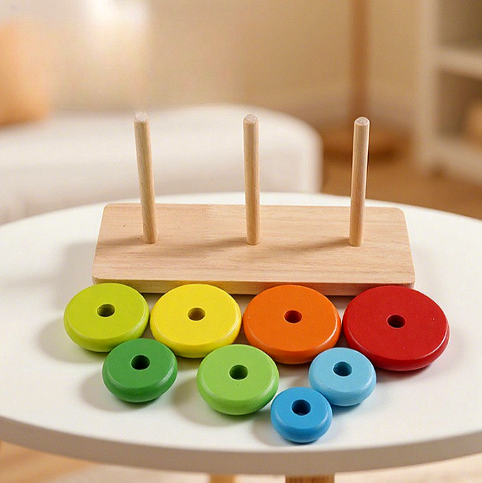 Wooden Tower Hanoi for Kid's 8 Rings Building Blocks - Classic Brain Teaser for Kids