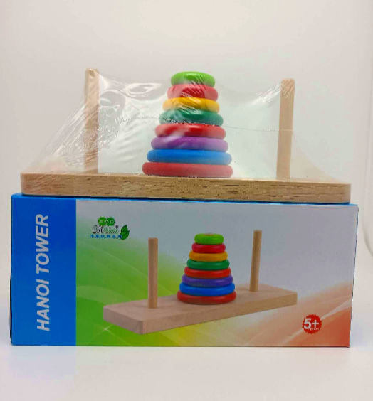 Wooden Tower Hanoi for Kid's 8 Rings Building Blocks - Classic Brain Teaser for Kids