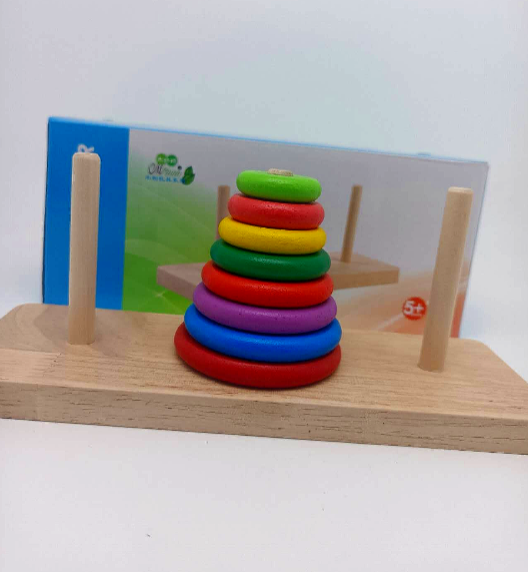Wooden Tower Hanoi for Kid's 8 Rings Building Blocks - Classic Brain Teaser for Kids