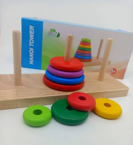 Wooden Tower Hanoi for Kid's 8 Rings Building Blocks - Classic Brain Teaser for Kids