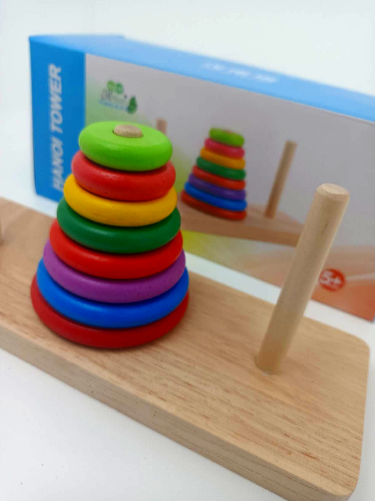 Wooden Tower Hanoi for Kid's 8 Rings Building Blocks - Classic Brain Teaser for Kids