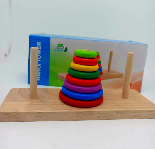 Wooden Tower Hanoi for Kid's 8 Rings Building Blocks - Classic Brain Teaser for Kids