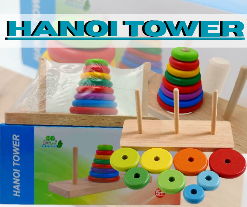 Wooden Tower Hanoi for Kid's 8 Rings Building Blocks - Classic Brain Teaser for Kids
